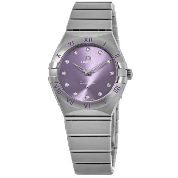 Réplica Omega Constellation Quartz 28 MM Relógio Feminino de Aço com Mostrador de Diamante Roxo 131.10.28.60.60.002