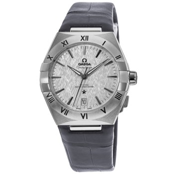 Réplica Omega Constellation Co-Axial Master Chronometer Mostrador Cinza Pulseira de Couro Cinza Relógio Masculino 131.13.39.20.06.001