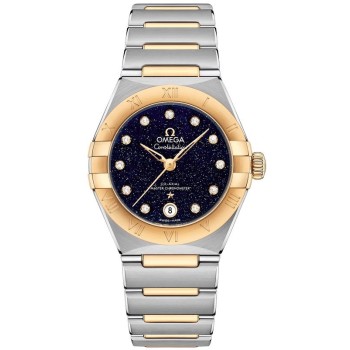 Relógio feminino falso Omega Constellation Manhattan Chronometer 29 mm mostrador azul diamante ouro amarelo e aço inoxidável 131.20.29.20.53.001