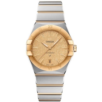 Relógio feminino falso Omega Constellation Quartz 36 mm Champanhe em ouro amarelo e aço inoxidável 131.20.36.60.08.001