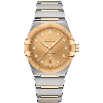 Copiar Omega Constellation Co-Axial Master Chronometer Champagne Diamond Dial Relógio masculino em ouro amarelo e aço inoxidável 131.20.39.20.58.001