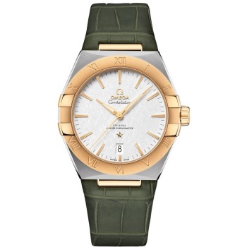 Falso Omega Constellation Co-Axial Master Chronometer Silver Dial 18K Ouro Amarelo Pulseira de Couro Verde Relógio Masculino 131.23.39.20.02.002