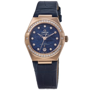 Réplica Omega Constellation Cronômetro 29mm Mostrador Azul Diamante Rosa Ouro Pulseira de Couro Relógio Feminino 131.58.29.20.99.006