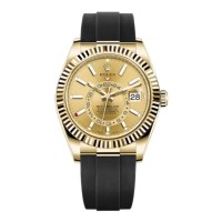 Relógio masculino Rolex Sky-Dweller falso com mostrador preto e pulseira de borracha de 42 mm 326238