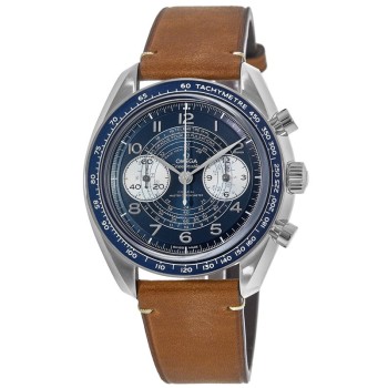 Falso Omega Speedmaster Chronoscópio Co-Axial Master Chronometer Chronograph 43 mm Mostrador Azul Pulseira de Couro Relógio Masculino 329.32.43.51.03.001