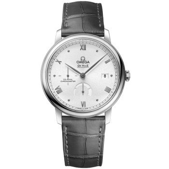 Réplica Omega De Ville Prestige Power Reserve Co-Axial Silver Dial Relógio Masculino com Pulseira de Couro 424.13.40.21.02.005