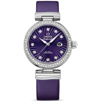 Réplica Omega De Ville Ladymatic Mostrador Roxo Pulseira de Couro Diamante Relógio Feminino 425.37.34.20.60.001