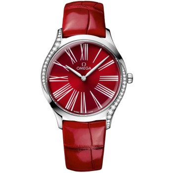 Copiar relógio feminino Omega De Ville Tresor com mostrador vermelho e pulseira de couro 428.18.36.60.11.002