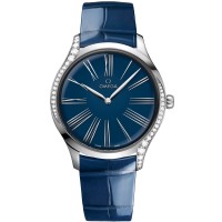 Copiar relógio feminino Omega De Ville Tresor com mostrador azul e pulseira de couro 428.18.39.60.03.001