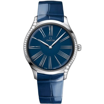 Copiar relógio feminino Omega De Ville Tresor com mostrador azul e pulseira de couro 428.18.39.60.03.001