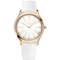 Copiar relógio feminino Omega De Ville Tresor com mostrador branco e pulseira de borracha de diamante 428.57.36.60.04.001