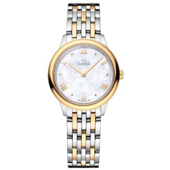 Falso Omega De Ville Prestige Quartz 27,5 mm Madrepérola Mostrador Relógio feminino em ouro amarelo 18k e aço 434.20.28.60.05.001