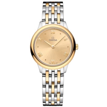 Relógio feminino falso Omega De Ville Prestige Quartz 27,5 mm com mostrador em ouro amarelo 18k e aço 434.20.28.60.08.001