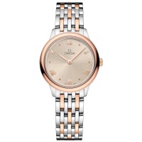 Cópia Omega De Ville Prestige Quartz 27,5 mm Off White Dial Relógio feminino em ouro rosa 18k e aço 434.20.28.60.09.001