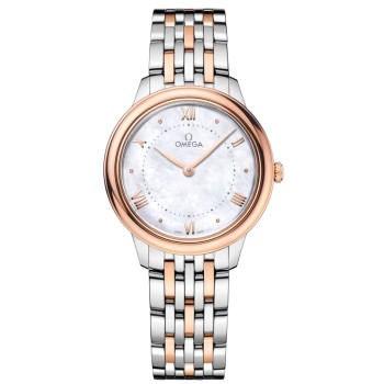 Cópia Omega De Ville Prestige Quartz 30mm Madrepérola Mostrador Relógio feminino em ouro rosa 18k e aço 434.20.30.60.05.001