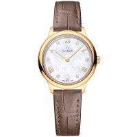 Cópia Omega De Ville Prestige Quartz 27,5 mm Madrepérola Diamante Mostrador Relógio feminino com pulseira de couro em ouro amarelo 18k 434.53.28.60.55.002