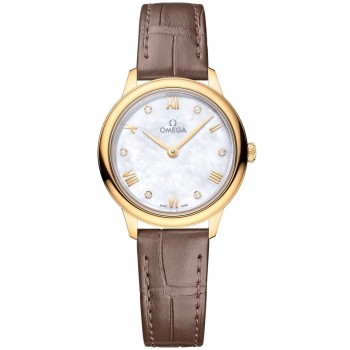 Cópia Omega De Ville Prestige Quartz 27,5 mm Madrepérola Diamante Mostrador Relógio feminino com pulseira de couro em ouro amarelo 18k 434.53.28.60.55.002