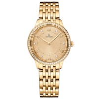 Relógio feminino falso Omega De Ville Prestige Quartz 30mm com mostrador em ouro e diamante em ouro amarelo 18k 434.55.30.60.58.001