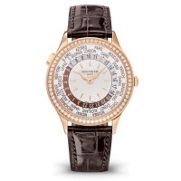 Réplica Patek Philippe Complicações Hora Mundial Rosa Ouro Diamante Relógio Unissex 7130R-013