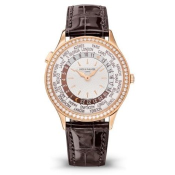 Réplica Patek Philippe Complicações Hora Mundial Rosa Ouro Diamante Relógio Unissex 7130R-013