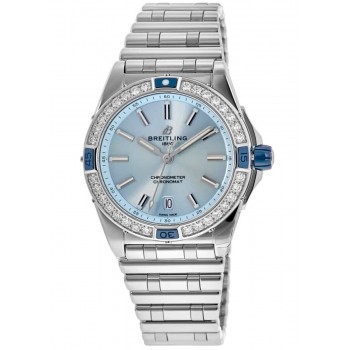 Réplica Breitling Super Chronomat Automático 38 Mostrador Azul Claro Relógio Feminino em Aço Diamante A17356531C1A1