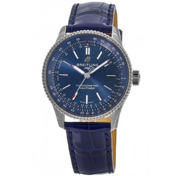 Cópia Breitling Navitimer Automático 35 Mostrador Azul Pulseira de Couro Relógio Feminino A17395161C1P2