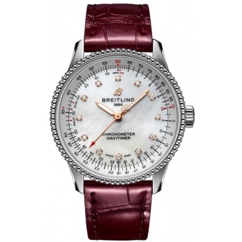 Réplica Breitling Navitimer Automático 35 Madrepérola Diamante Mostrador Borgonha Pulseira de Couro Relógio Feminino A17395211A1P2