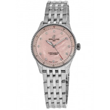 Relógio feminino falso Breitling Navitimer 32 rosa madrepérola diamante mostrador em aço A77320D91K1A1