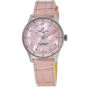 Réplica Breitling Navitimer 32 mm com mostrador de diamante rosa pulseira de couro relógio feminino A77320D91K1P1