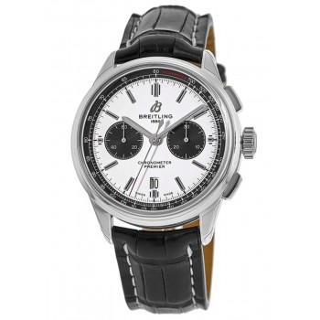 Réplica Breitling Premier B01 Cronógrafo 42 Mostrador Prateado Pulseira de Couro de Crocodilo Relógio Masculino AB0118221G1P2