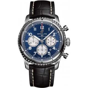 Réplica Breitling Aviator 8 B01 Cronógrafo 43 Mostrador Azul Pulseira de Couro Preto Relógio Masculino AB0119131C1P1