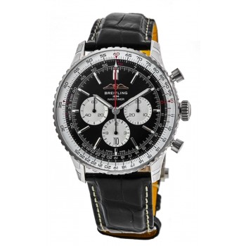 Réplica Breitling Navitimer 1 B01 Cronógrafo 46 Mostrador Preto Pulseira de Couro Relógio Masculino AB0137211B1P1