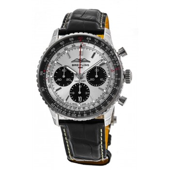 Replica Relógio Breitling Navitimer B01 cronógrafo 43 com mostrador prateado e pulseira de couro AB0138241G1P1