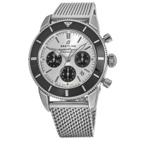 Cronógrafo Breitling Superocean Heritage II falso 44 preto e amp; Relógio masculino com pulseira de malha de aço com mostrador prateado AB0162121G1A1