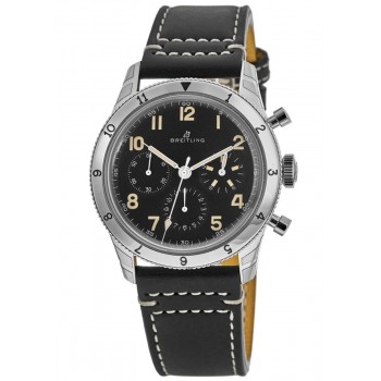 Falsificado Breitling Aviator 8 AVI Ref. 765 1953 Reedição Relógio Masculino com Mostrador Preto e Pulseira de Couro Preto AB0920131B1X1