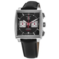 Cópia Tag Heuer Monaco cronógrafo mostrador preto pulseira de couro de bezerro relógio masculino CAW2114.FC6171-PO