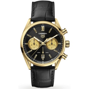 Cópia Tag Heuer Carrera cronógrafo mostrador preto com pulseira de couro em ouro amarelo relógio masculino CBN2044.FC8313