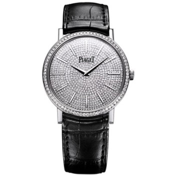 Falso Piaget Altiplano Ouro Branco Conjunto de Diamantes Mostrador Pulseira de Couro Preto Relógio Unissex G0A36128