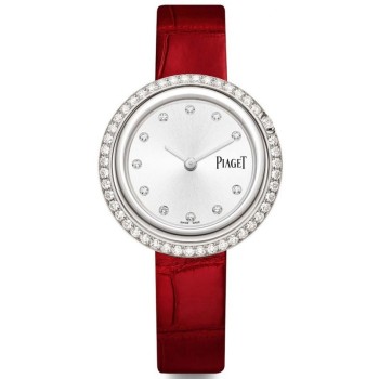 Réplica Piaget Possession prata diamante mostrador borgonha pulseira de couro relógio feminino G0A43094