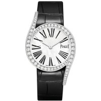 Cópia Piaget Limelight Gala Madrepérola Mostrador Diamante Ouro Branco Pulseira de Couro Relógio Feminino G0A43390