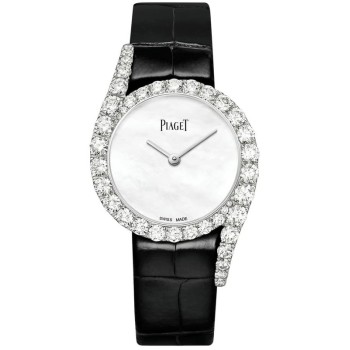 Falso Piaget Limelight Gala Mãe de Pérola Mostrador Diamante Ouro Branco Pulseira de Couro Relógio Feminino G0A44160