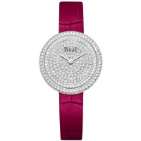 Relógio feminino falso Piaget Possession com mostrador de diamante e pulseira de couro em ouro branco G0A44298