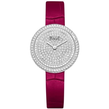 Relógio feminino falso Piaget Possession com mostrador de diamante e pulseira de couro em ouro branco G0A44298