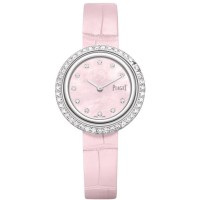 Falso Piaget Possession Relógio feminino com mostrador em madrepérola e diamante com pulseira de couro em ouro branco G0A45064