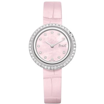 Falso Piaget Possession Relógio feminino com mostrador em madrepérola e diamante com pulseira de couro em ouro branco G0A45064