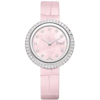 Réplica Piaget Possession Relógio feminino com mostrador em madrepérola e diamante com pulseira de couro em ouro branco G0A45074