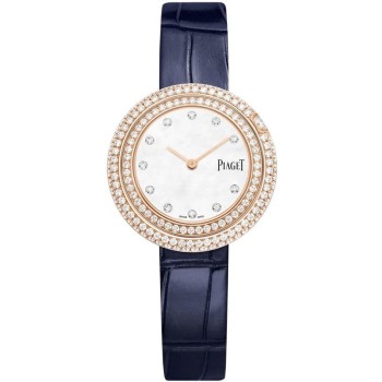 Falso Piaget Possession Relógio feminino com mostrador madrepérola diamante rosa ouro pulseira de couro G0A45082