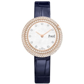 Réplica Piaget Possession Relógio feminino com mostrador madrepérola diamante rosa ouro pulseira de couro G0A45092