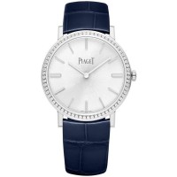 Relógio feminino Piaget Altiplano falso com mostrador prateado e diamante com pulseira de couro em ouro branco G0A45407