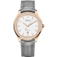 Réplica Piaget Polo Data Mostrador Branco Diamante Rosa Ouro Pulseira de Couro Relógio Masculino G0A46023